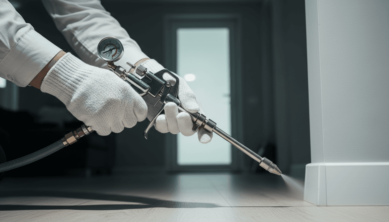 Professional pest control technician applying treatment solution in Abu Dhabi home