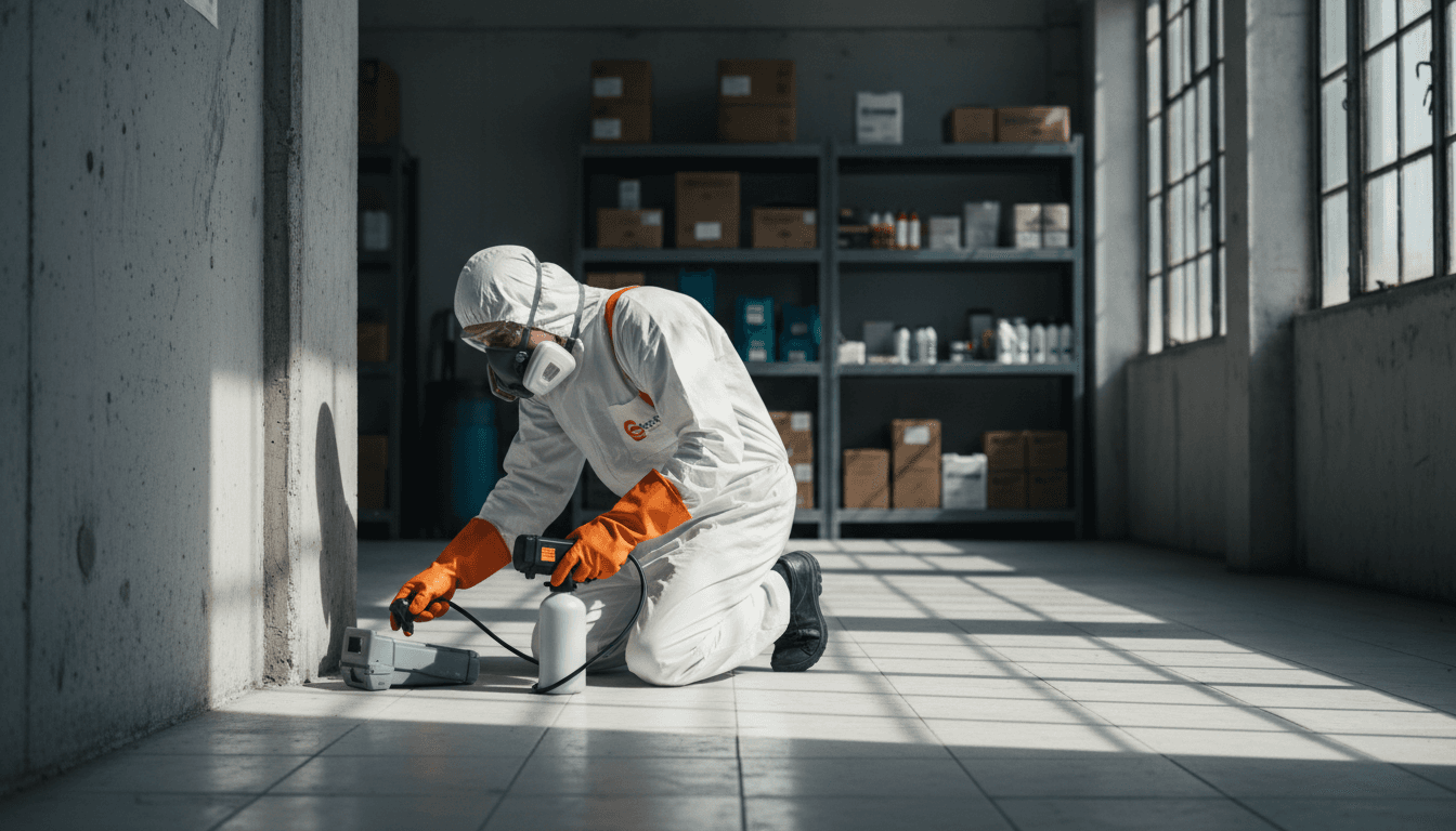 ecotech pest control technician performing professional pest inspection in Abu Dhabi facility