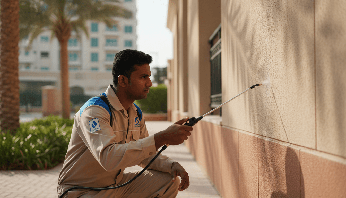 Pest control technician applying treatment to building exterior in Abu Dhabi
