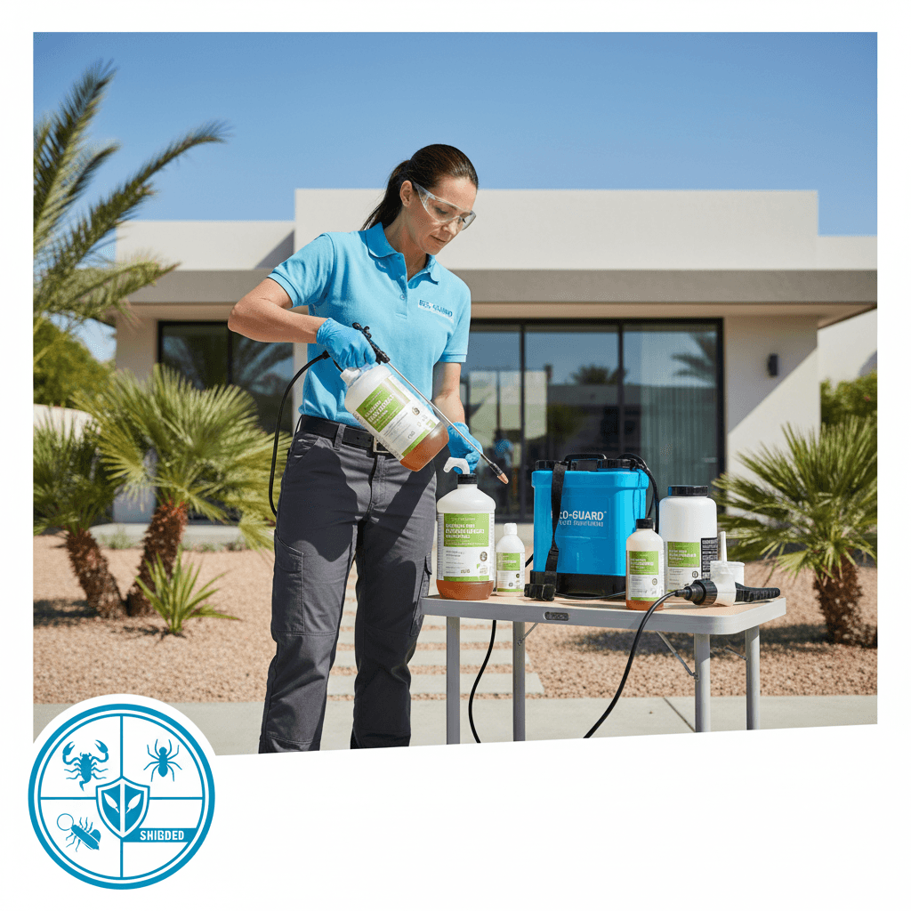 Technician preparing eco-friendly pest control treatment for scorpions, spiders, and wasps.